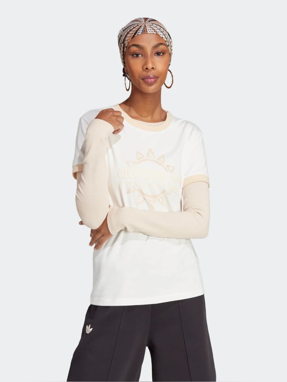 adidas Cream Adventure Logo Graphic Short Sleeve Tee with Beige Trim